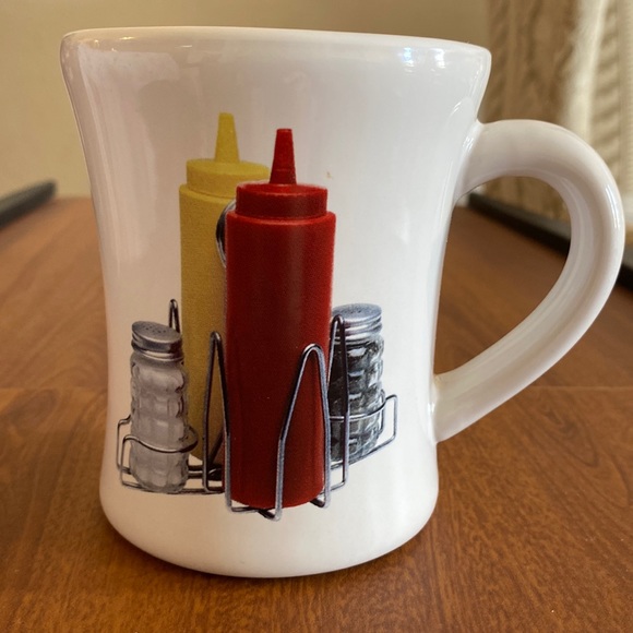 White restaurant mug/cup with salt/pepper/ ketchup/mustard pictured unique rare - Picture 1 of 11
